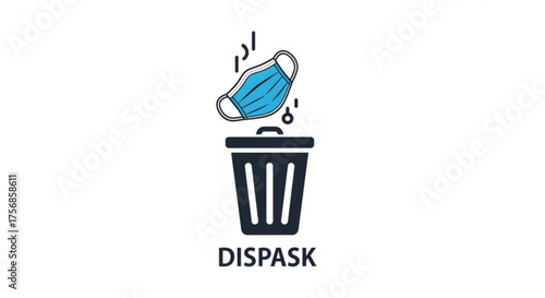 Conceptual vector illustration of a used face mask being discarded into a trash can symbolizes the end of the pandemic era