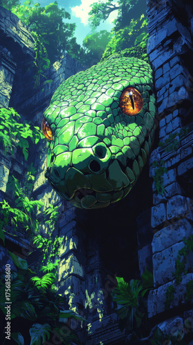 Design a spooky illustration of a scared green serpent wallpaper