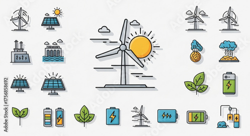 Set of vector icons representing various sources of renewable energy, including solar panels, wind turbines, and hydroelectric power