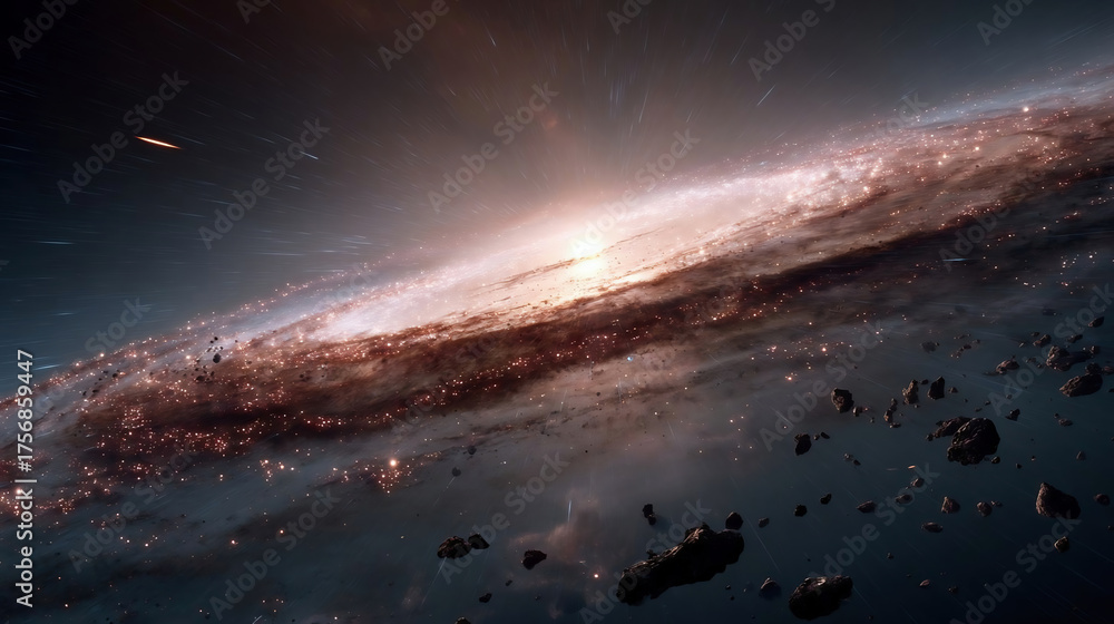 Naklejka premium A breathtaking view of a galaxy's core, with intense starbursts and swirling cosmic dust amidst the vast space