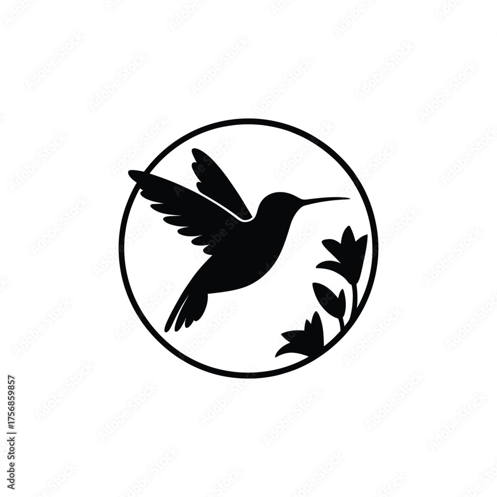 Obraz premium Silhouette of a hummingbird in flight within a circle with flowers