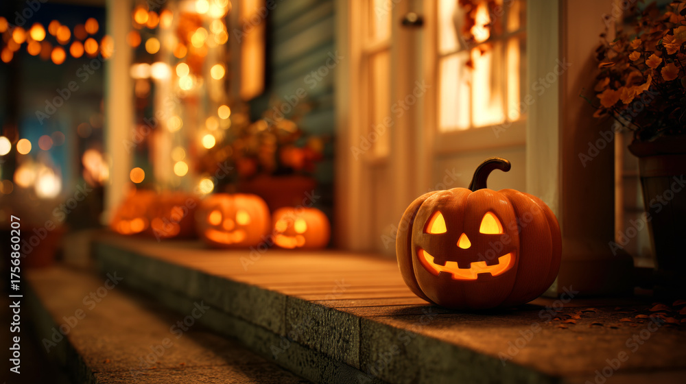 Fototapeta premium Row of pumpkins are lit up on a porch for Halloween. The pumpkins are all different sizes and shapes, and they are all lit up with a bright orange glow. 