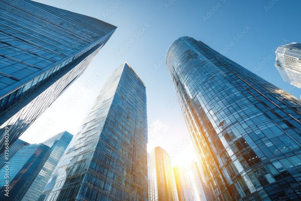 Fototapeta premium Low-angle shot of multiple glass-clad skyscrapers reaching towards a clear, sunny sky