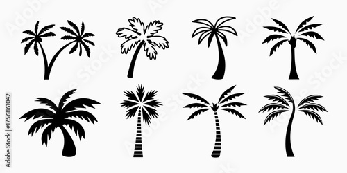 Collection of eight diverse black silhouette palm tree icons on a white background