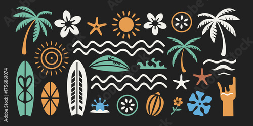 Tropical summer beach elements collection with palm trees surfboards sun waves and flowers
