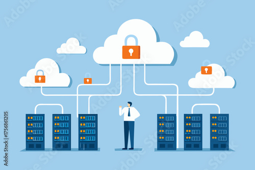 Businessman overseeing secure cloud computing network with data servers and locked clouds representing data security