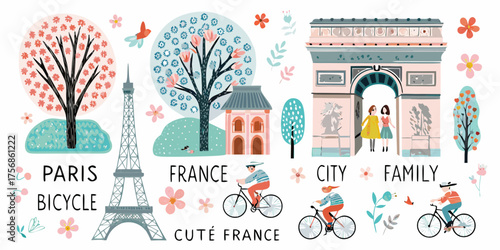 Charming parisian scene with eiffel tower arc de triomphe and families cycling through springtime flowers
