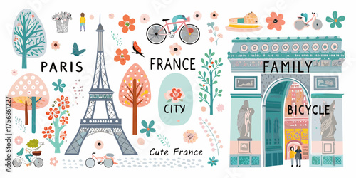 Charming paris france cityscape with eiffel tower family and bicycle illustrations