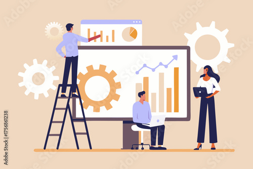 Team of professionals analyzing business growth charts and data on a large computer screen with gears