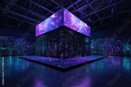 An immersive exhibition featuring an illuminated cubic structure with colorful, digital projections