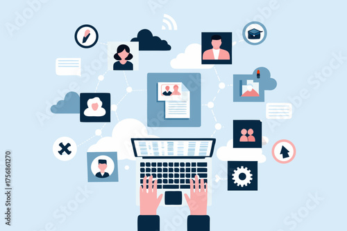 Digital network connecting people profiles documents and icons around a laptop