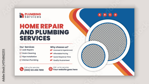 Home Renovation and Plumbing Handyman Services Horizontal Banner and Social Media Post Template