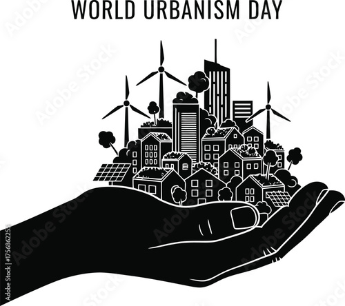 World urbanism day illustration with city on hand