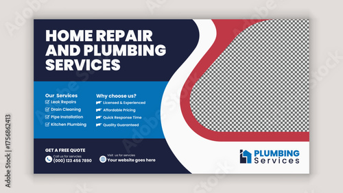 Horizontal Web Banner and Social Media Post Template for Home Repair and Plumbing Services