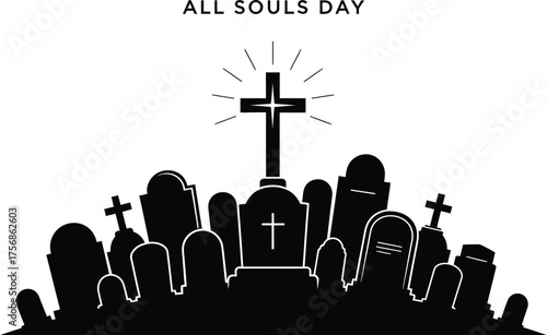 Silhouette illustration of a graveyard with crosses for all souls day