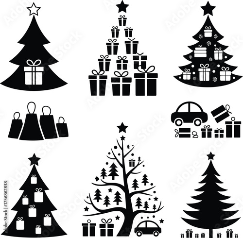 Black and white Christmas tree and gift icon set illustration with holiday decorations, festive car, and minimalist seasonal design elements
