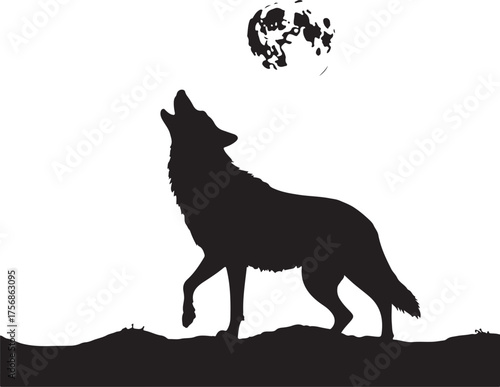 Black silhouette of a wolf howling at the moon night