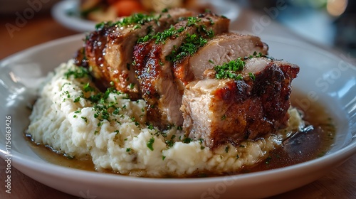 Roasted pork neck with mashed potatoes