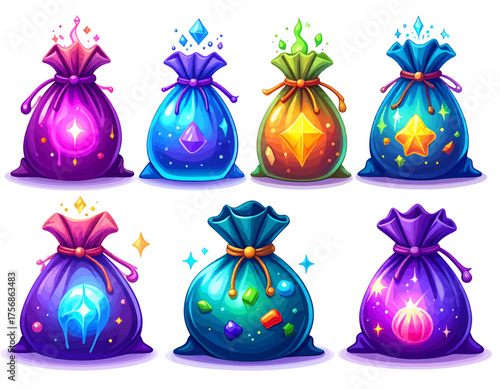 A collection of eight vibrant, glowing fantasy loot bags filled with magical gems, stars, and mysterious orbs, set against a white background.