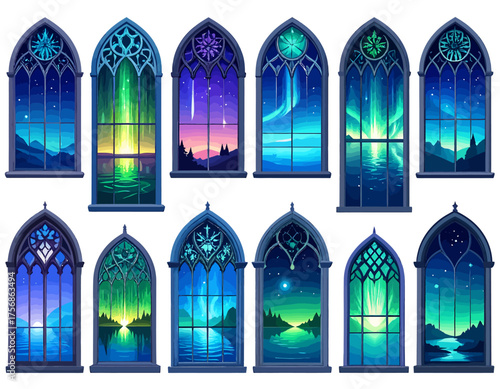 Collection of gothic arched windows showcasing vibrant aurora borealis and starry night skies over serene landscapes with water and mountains.