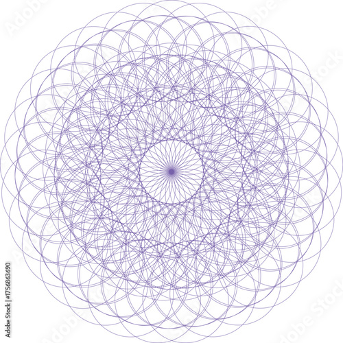 A vibrant circular mandala pattern featuring intricate details and a psychedelic aesthetic. This abstract design in purple and white tones offers a visually captivating and mesmerizing effect.