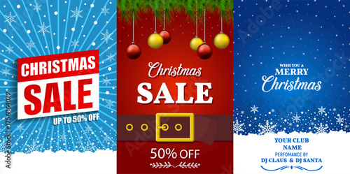 Christmas sale vector poster set, happy new year discount banner, christmas offer background, xmas sale, vector illustration.