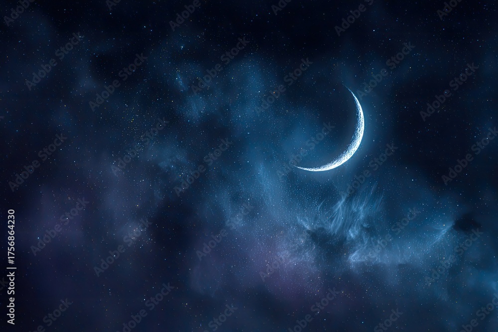 Fototapeta premium Crescent moon glows softly, surrounded by atmospheric clouds and a dark, star-filled sky
