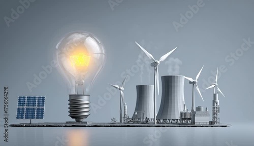 Nuclear power plant with solar panel and wind turbines in lightbulb isolated. Energy resources concept