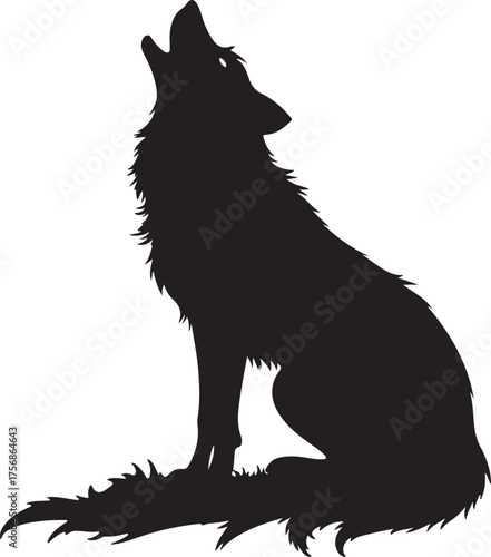 Black silhouette of a wolf howling on white background