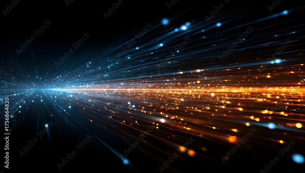 Obraz premium Abstract visualization of glowing digital data streams flowing through a dark futuristic network with vibrant blue and orange light trails