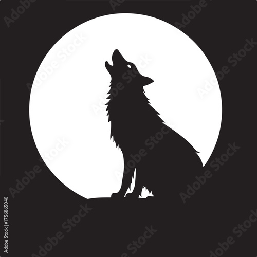 Black wolf howling at white full moon silhouette night