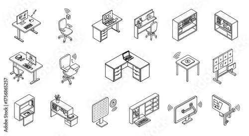 ergonomic office furniture icons showcasing modern workplace design fostering productivity and promoting well-being in a flexible tech-enabled workspace.