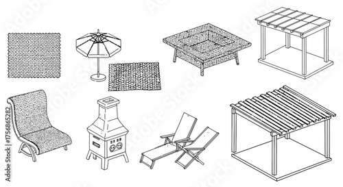 patio furniture a shaded outdoor living space with fire pit chair and loungers under umbrellas for relaxation and backyard design ideas