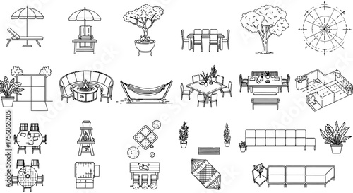 outdoor furniture plan a top-down schematic showcasing patio layout with dining sets and lounge perfect for landscape architecture and home design projects.