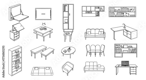isometric furniture set showing living room and office furniture arrangement for interior design projects promoting space planning solutions