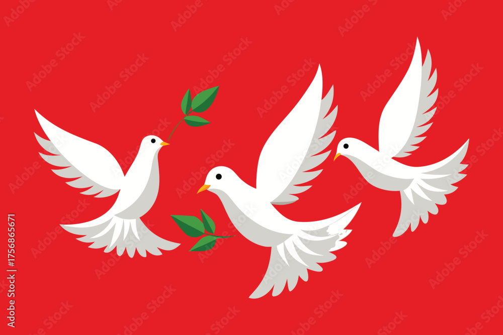 Obraz premium Three white doves with olive branches on red background