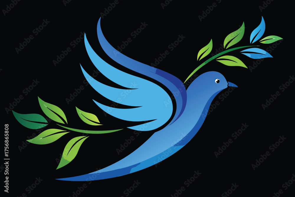 Fototapeta premium Abstract blue bird with green leaves on black background