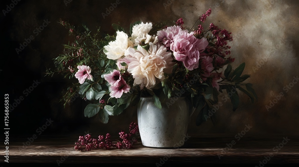 custom made wallpaper toronto digitalA beautiful and elegant floral arrangement of peonies and dahlias in a ceramic vase set on a rustic wooden table with soft moody lighting
