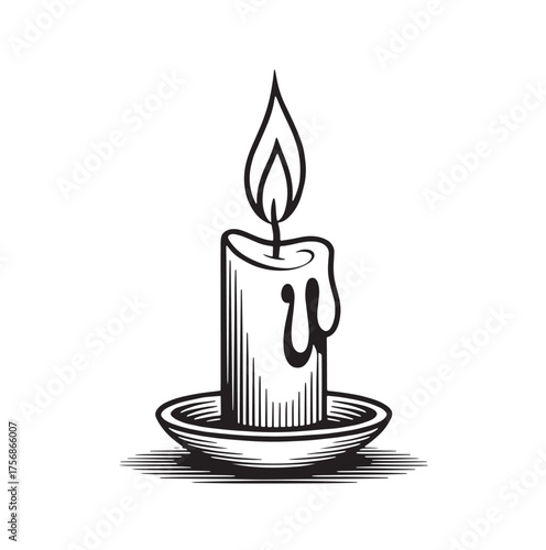 Vintage Candle Line Art | Burning Candle with Dripping Wax in Holder | Black and White Illustration