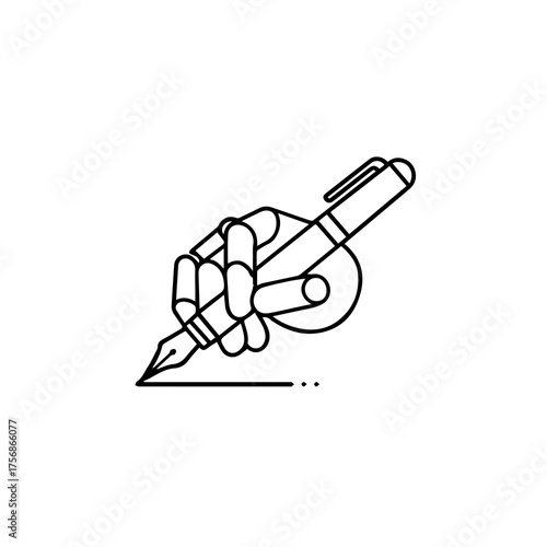 A sleek black and white line art illustration showcases a stylized hand firmly grasping a traditional fountain pen, diligently writing a smooth, continuous line.