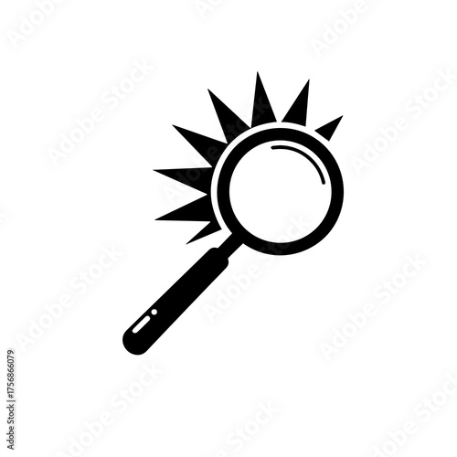A striking black and white icon depicts a magnifying glass with sharp, radiating spikes, symbolizing clear search, insightful discovery, and focused analysis.