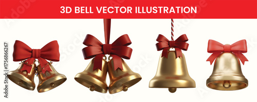 3D Gold Bell Vector Illustration with Red Bows and String Lights for Christmas Festive Decoration