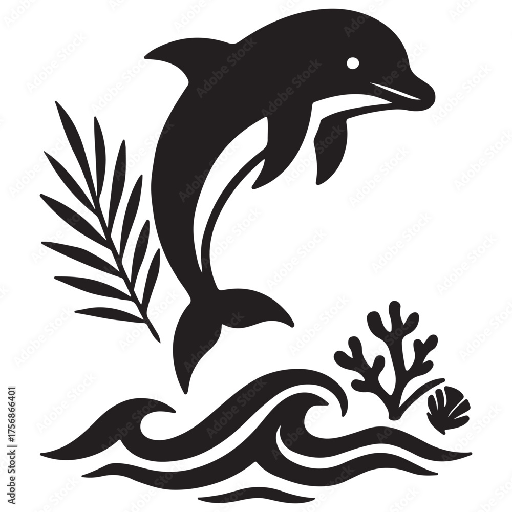 Obraz premium Dolphin Silhouette with Waves and Coastal Plants Minimalist Marine Life Vector