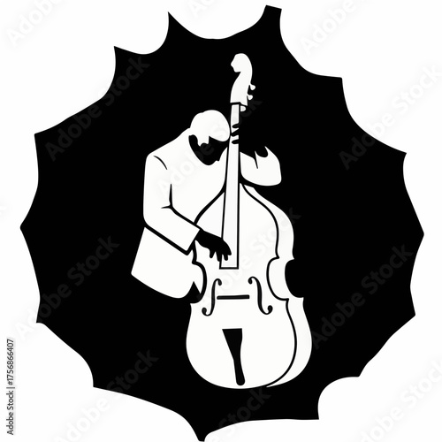Dynamic black and white silhouette icon of a jazz musician passionately playing the upright double bass. Ideal for music posters, events, and celebrating International Jazz Day