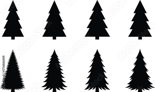 Set of pine and fir tree silhouettes, black vector illustration for Christmas, forest, nature, and holiday graphic design