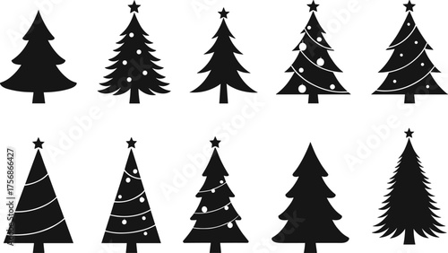 Set of black Christmas tree silhouettes with decorations, stars, and ornaments, festive holiday vector illustration for greeting cards and design