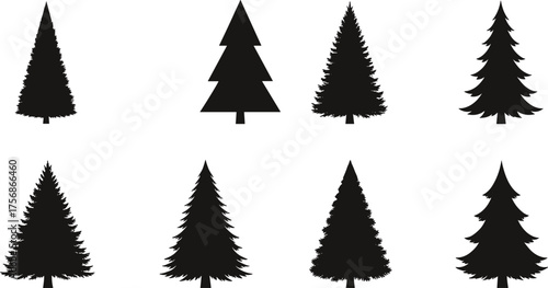 Collection of black pine tree silhouettes, fir and spruce vector illustration, evergreen conifer forest icons for logo, nature, and Christmas design