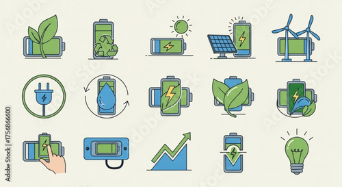 Collection of battery icons representing renewable energy sources and sustainable power solutions