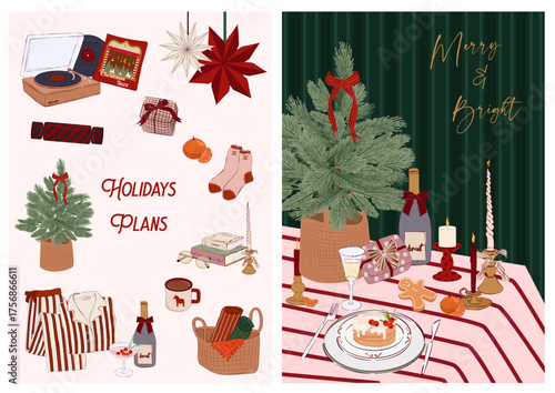 Collection of Holidays Greeting or Invitation cards. Perfect for Christmas, New Year, Winter Holidays. Vintage Cozy Christmas posters. Editable Vector Illustration.