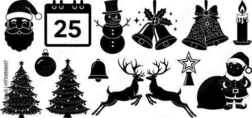 Festive christmas silhouettes collection with santa reindeer trees bells ornaments and holiday icons for seasonal design